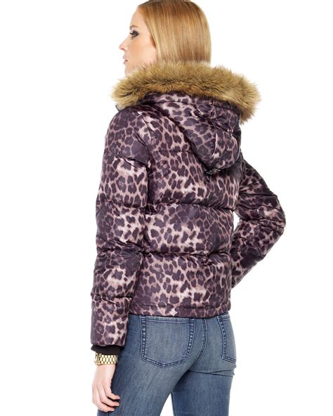 michael kors snow leopard coat|Michael Kors brown puffer jacket.